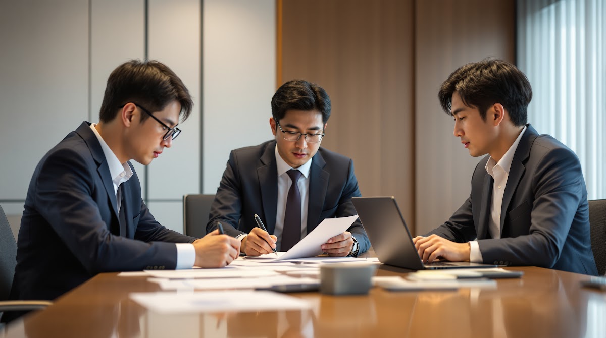 국가유공자 소송 사례  전문 변호사 팀이 국가유공자 소송 사례를 위해 집단소송 전략을 논의하며 다양한 증거와 판례 자료를 검토하는 모습, 회의실에서 적극적으로 협업하는 분위기
