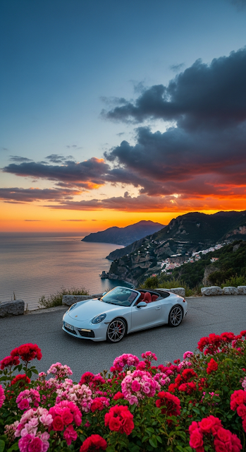 Luxury White Convertible Sports Car Parked on Cliff Road at Sunset Over Ocean - Free mobile Wallpaper
