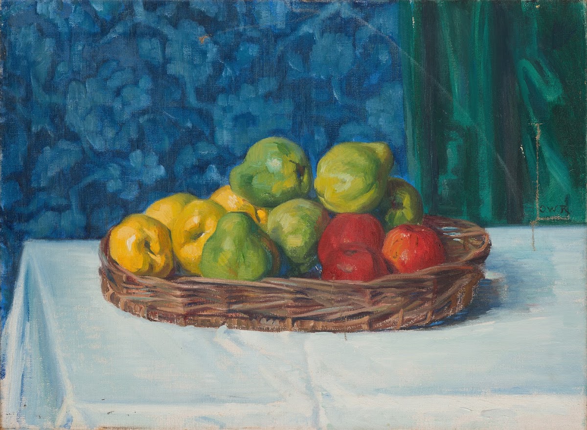 Still Life Basket with Fruit on a Table in front of a Curtain and Wallpaper 1909
