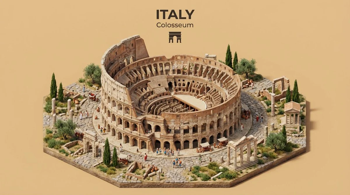 Crea un diorama 3D isométrico en miniatura que represente la arquitectura emblemática de [NOMBRE DEL PAÍS] a través de...