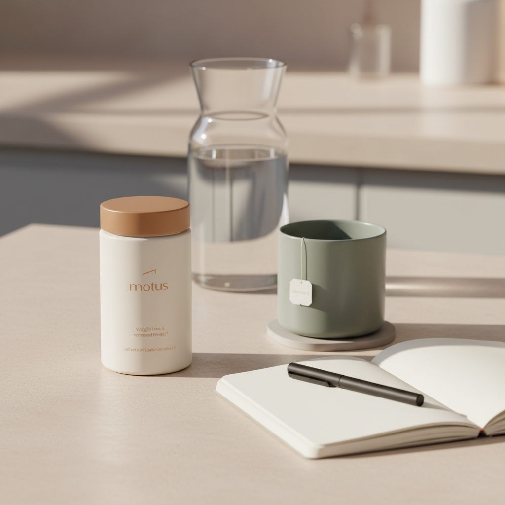 Minimalist kitchen counter close-up with Motus supplement jar for glucomannan weight loss beside a notebook and cup of tea, clean Tonum-style wellness scene.