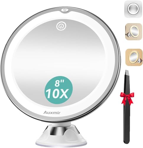 Auxmir Espejo de Aumento 10X con Ventosa Fuerte y Luz LED