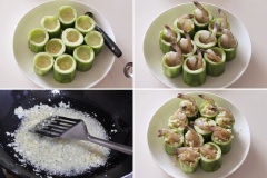 Nạo phần lõi bên trong mướp. Không nạo hết mà để lại một chút ở dưới đáy. Nhồi tôm vào giữa miếng mướp. Nếu tôm nhỏ có thể nhồi thêm 2-3 con vào. Đun sôi dầu trong chảo, phi tỏi lên cho thơm, sau đó thêm chút đường và muối cho vừa vặn. Khéo léo đổ phần nước tỏi vào giữa miếng mướp.