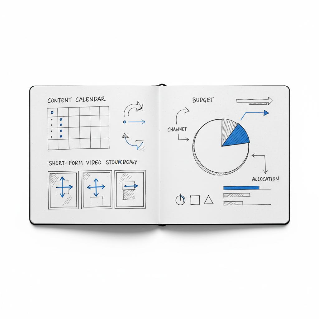 Close-up notebook spread with content calendar sketch, short-form video storyboard thumbnails and budget pie chart in #39383f ink with #1a5bfb accents on white paper for a social media agency