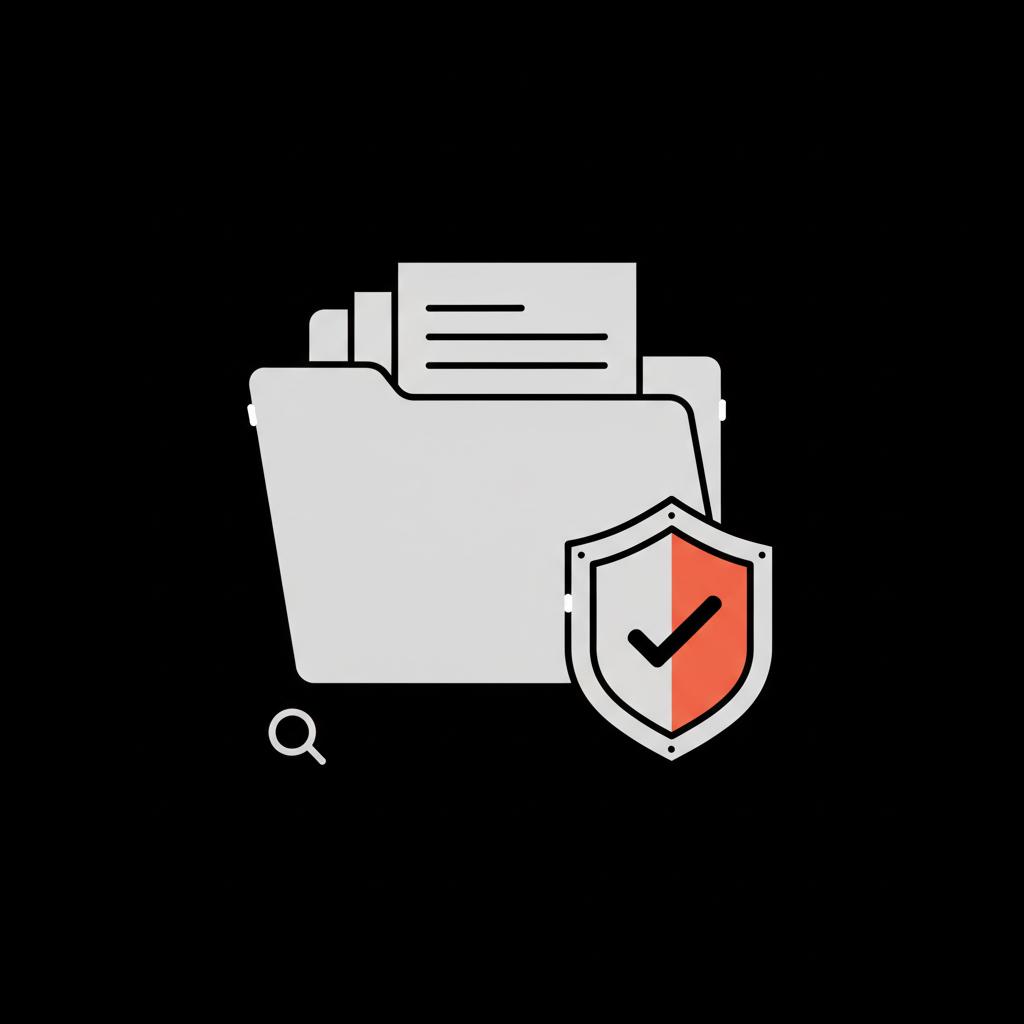 Minimal vector infographic of a folder with documents and a shield icon on a black background with #dddddd and #dc5c2b accents, representing evidence and safety — how to contact WhatsApp support