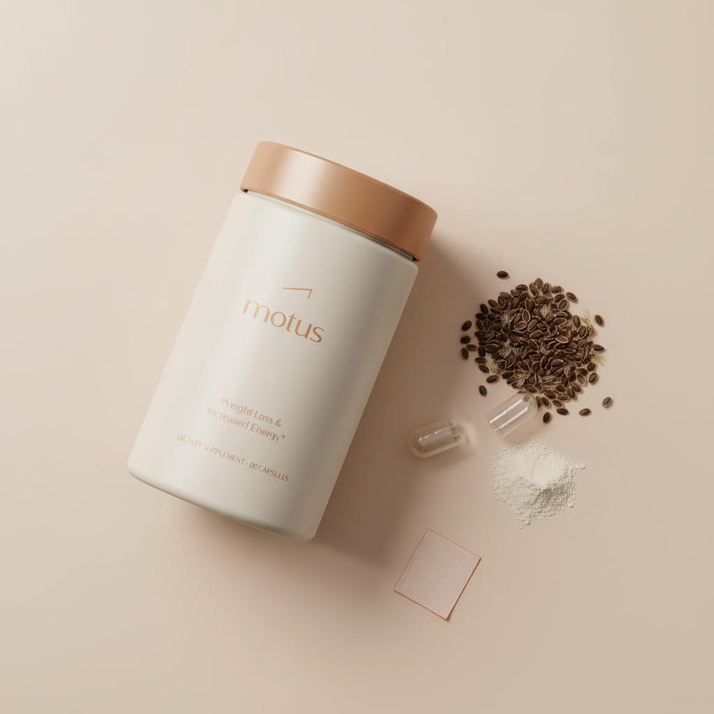 Minimalist flat-lay of Tonum supplement container with scattered milk thistle seeds and an opened capsule on a beige #F2E5D5 background, crisp focus on the capsule and seeds, milk thistle
