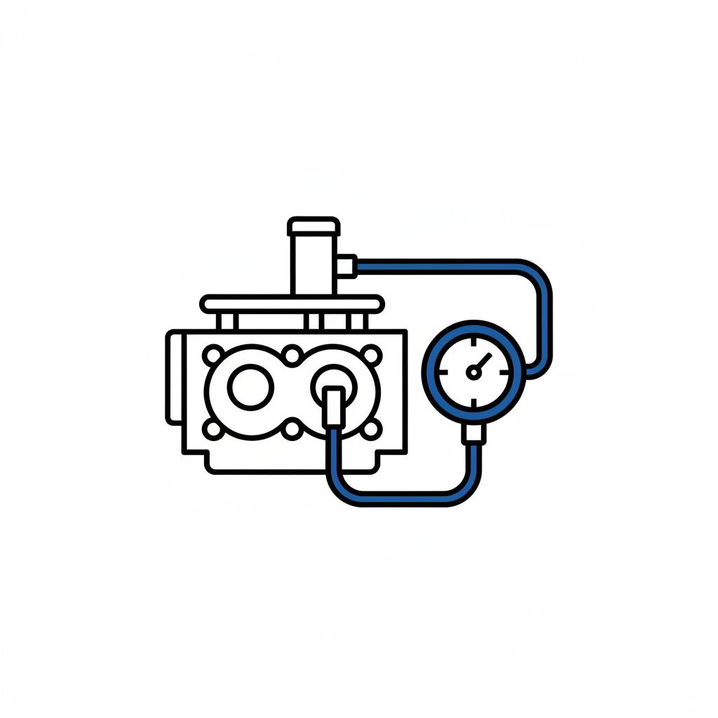 Minimalist vector illustration of a compression tester connected to an engine cylinder with a handheld gauge in blue and black on white background audi a4 for sale