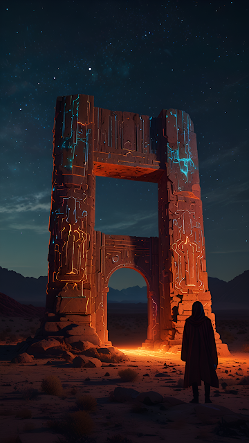 Hooded Figure Before Glowing Ancient Portal in Desert - Free mobile Wallpaper