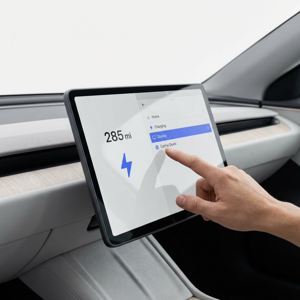 Close up of Tesla dashboard showing range and charging icons with hand scrolling settings used tesla for sale