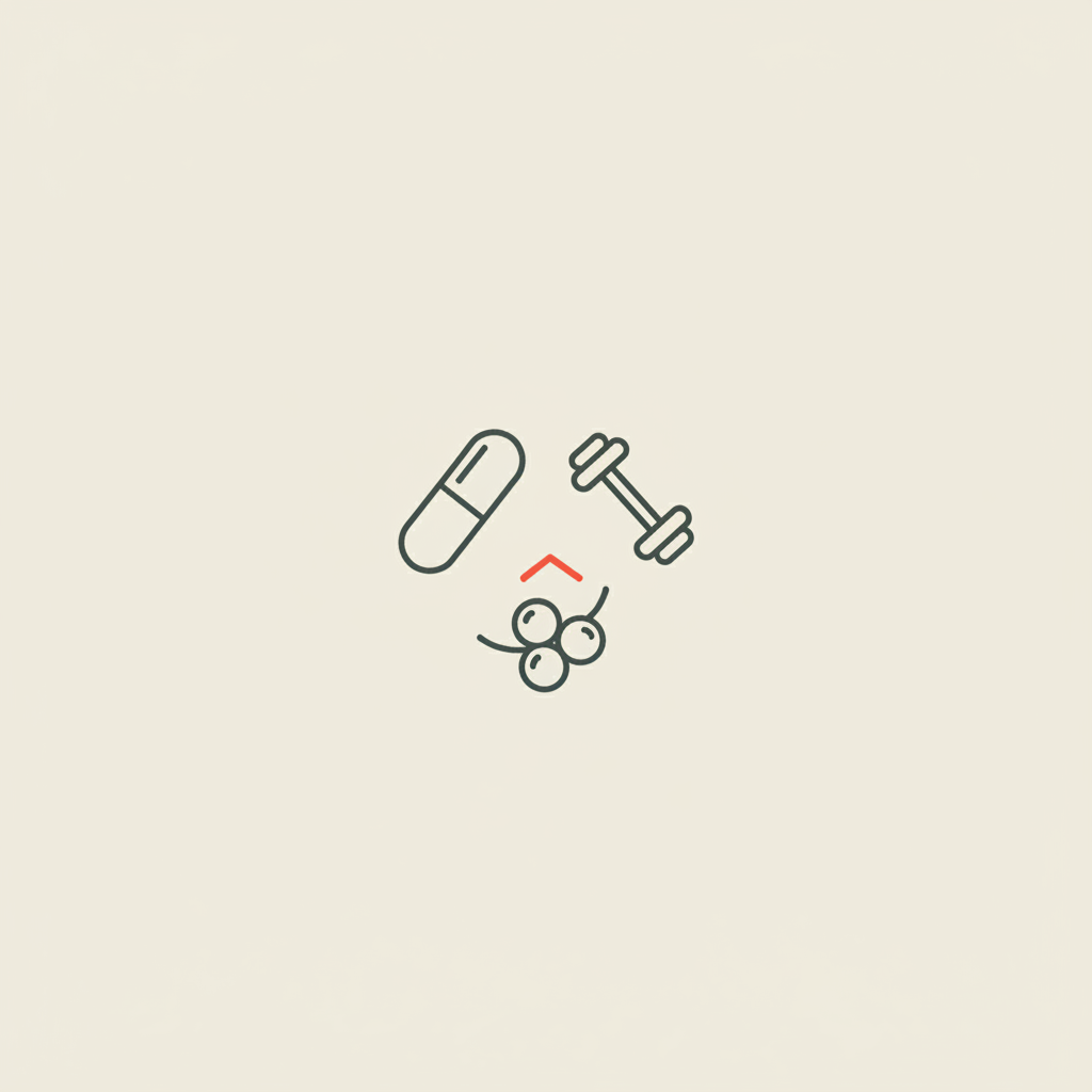 Minimalist Tonum-style line illustration of a capsule, small barbell and berry cluster on beige background representing supplements and exercise — do fat burners work for men