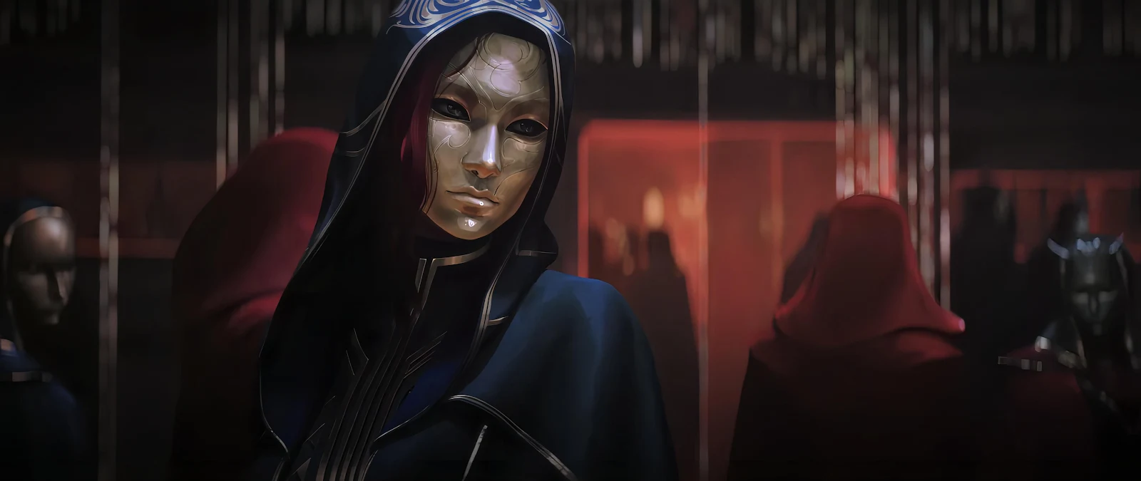 Elegant Masked Figure In A Dark Hall - Digital Illustration 2K Wallpaper (4080x1722)