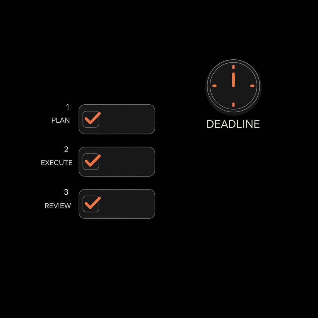 Minimal vector infographic with checklist and clock icons on black background showing steps to reactivate gmail account, light font and orange accents.