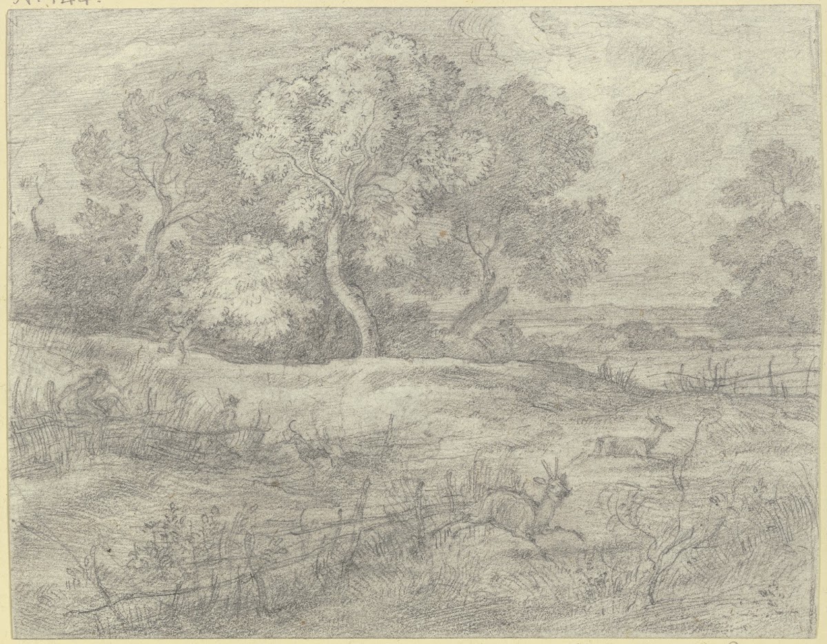 Baumbestandene Wiesenlandschaft über die Jäger fliehende Rehe verfolgen 1840
