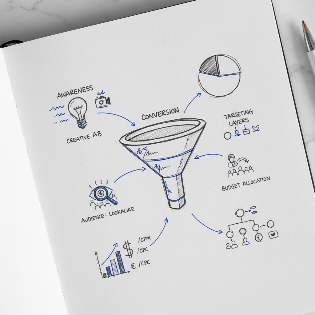 Close-up notebook sketch of a marketing funnel and budget diagram illustrating how much does it cost to put an ad on TikTok, hand-drawn, white background, blue accents