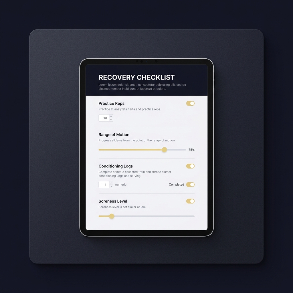 Close up tablet showing a minimalist recovery checklist for Evaluating Players Returning from Injury with fields for practice reps range of motion and conditioning logs on a dark Funded Plays themed background