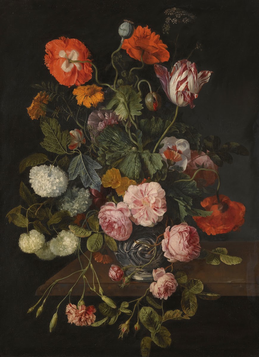 A Still Life With Parrot Tulips Poppies Roses Snow Balls And Other Flowers In A