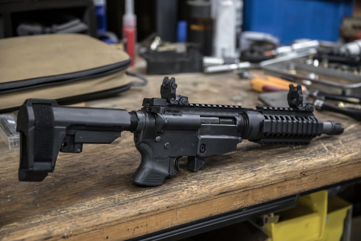 AR-15 backup sights and pistol brace on a short-barreled AR pistol build