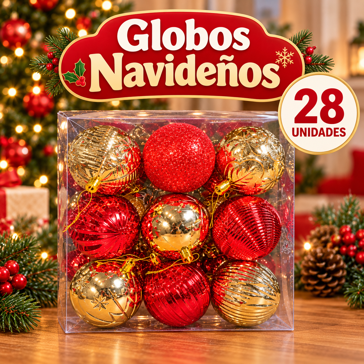 Caja de 28 bolas navideñas rojas y doradas con rayas