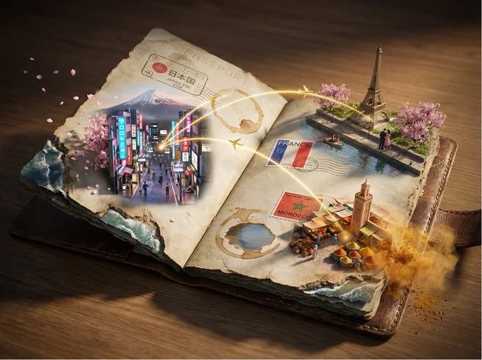 Escena épica en 3D: Sellos de pasaporte que se transforman en destinos