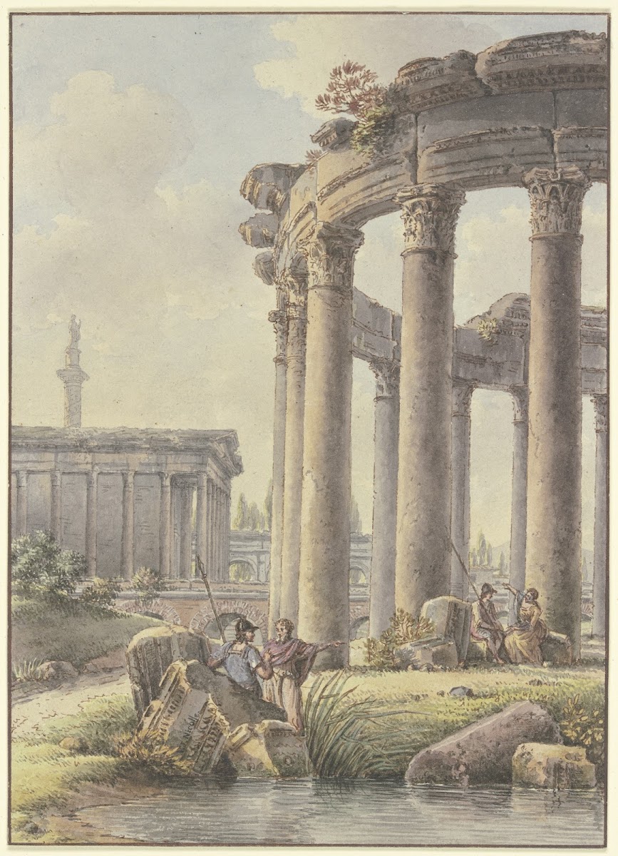 Architektonisches Capriccio Ruinen eines Rundtempels im Hintergrund die Trajansä