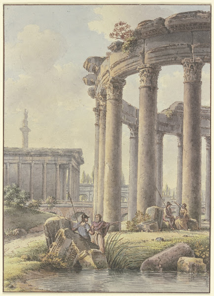 Architektonisches Capriccio Ruinen eines Rundtempels im Hintergrund die Trajansä