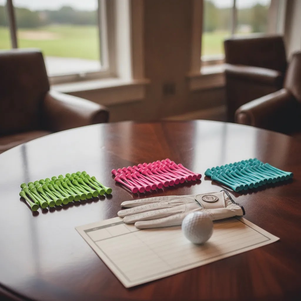 Colored golf tees arranged for bulk golf tees and custom golf tees planning in a premium setting