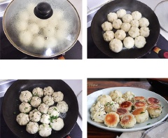 Cuối cùng, khi nước đã dần cạn hết, bạn cho mè rang và hành lá thái nhuyễn vào, nấu cho đến khi nước cạn hoàn toàn, phần đáy bánh có màu vàng cháy cạnh thì đảo bánh trên chảo khoảng 1 phút rồi tắt lửa.