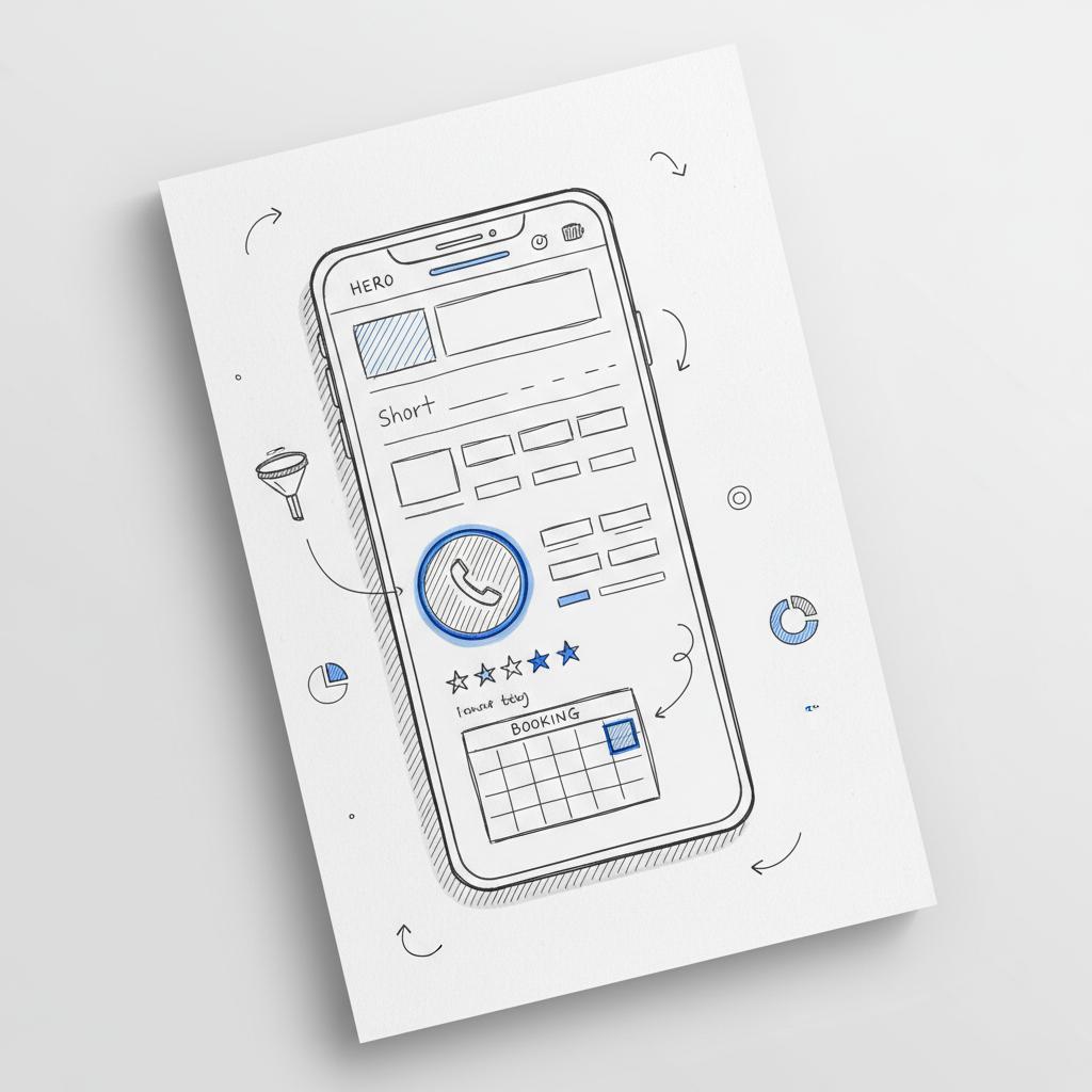 Minimal notebook-style sketch of a mobile-first landing page wireframe with tap-to-call button, review stars and compact booking widget for google ads for service businesses
