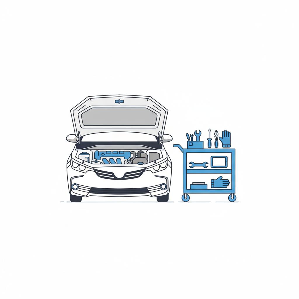 Minimalist 2D vector of a toyota corolla engine bay with hood open and organized tools on a shop cart on white background toyota corolla for sale