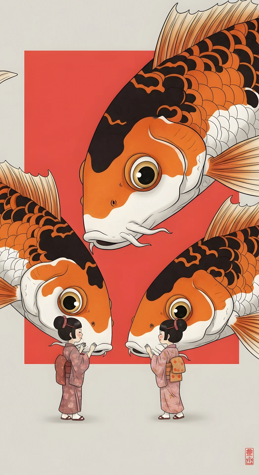 Traditional Japanese Art of Koi Fish and Kimono Girls - Free 4K mobile Wallpaper