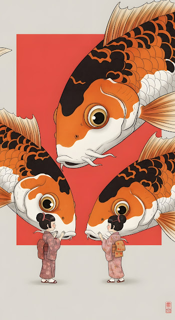 Traditional Japanese Art of Koi Fish and Kimono Girls - Free mobile Wallpaper