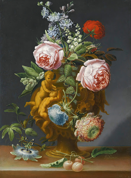 Still life of roses and other flowers in an antique vase decorated with putti al