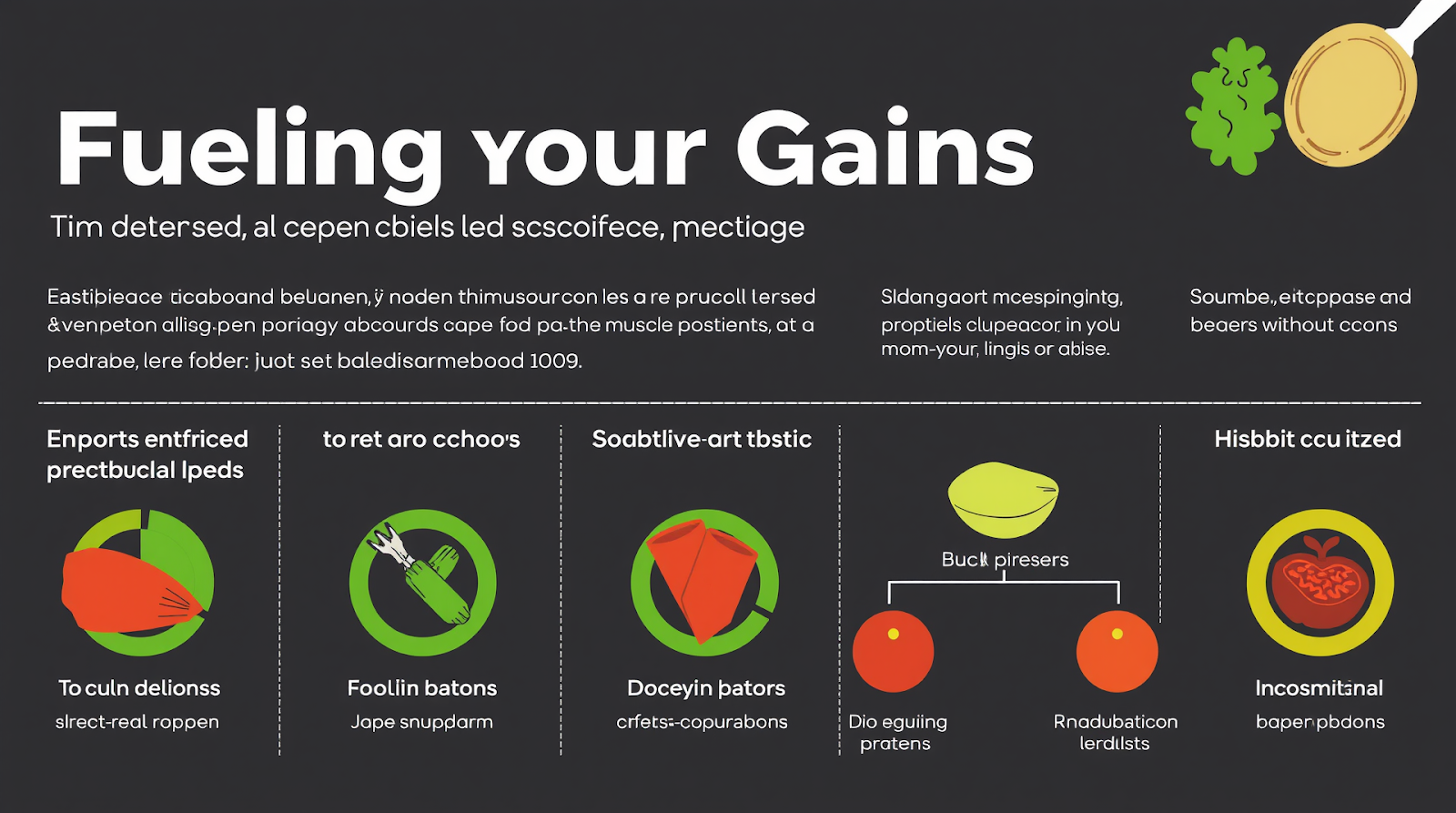 Infographic summarizing key points of fueling your gains: understanding the core principles of a muscle building diet