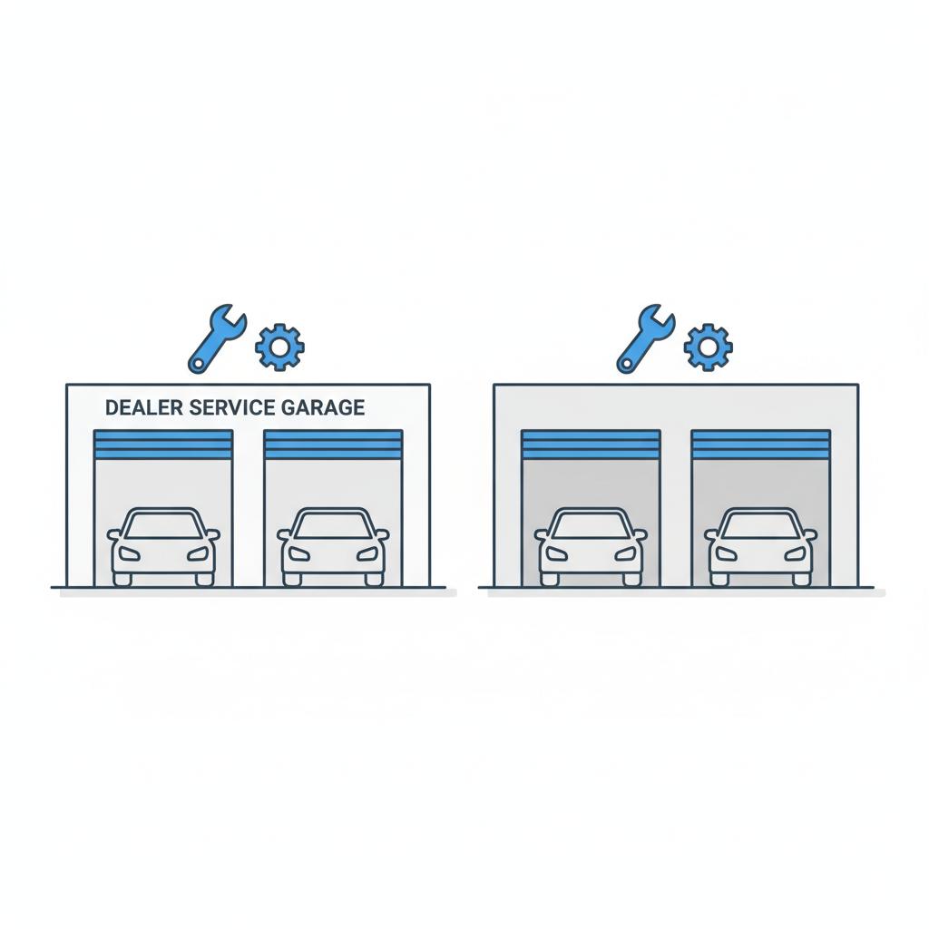Minimal 2D vector of two service shops side by side neutral comparison between dealer and independent garage with blue accents porsche cayenne for sale