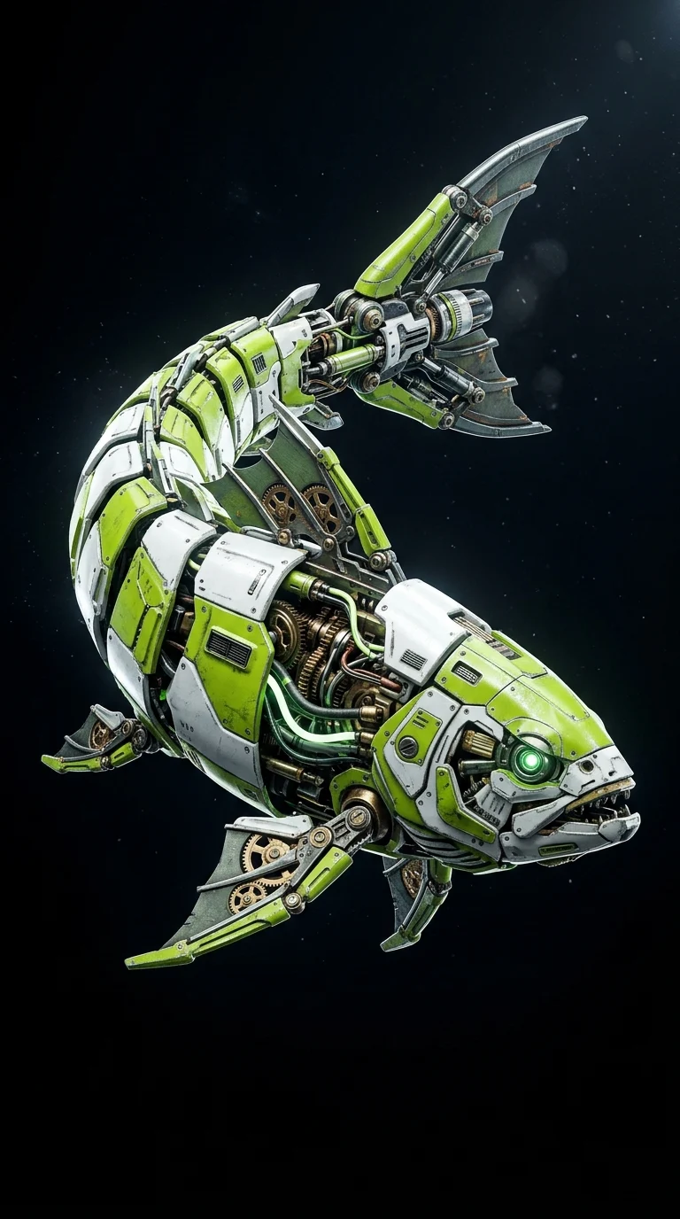 Detailed 3D Render of a Cybernetic Fish with Mechanical Gills and Lime Green Armor - Free 4K mobile Wallpaper
