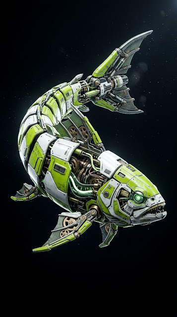 Detailed 3D Render of a Cybernetic Fish with Mechanical Gills and Lime Green Armor - Free mobile Wallpaper