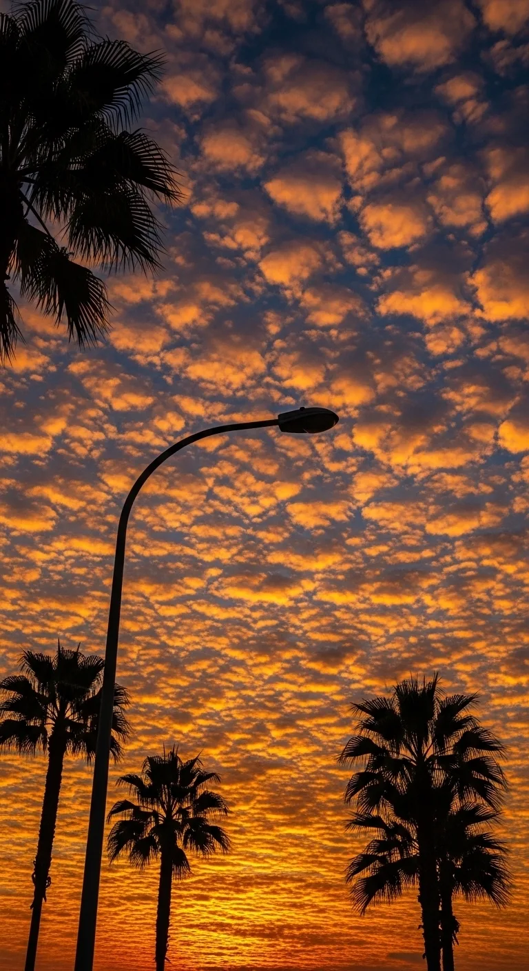 Silhouette of Tropical Palm Trees and Street Light Against a Fiery Cloud Sunset - Free 4K mobile Wallpaper