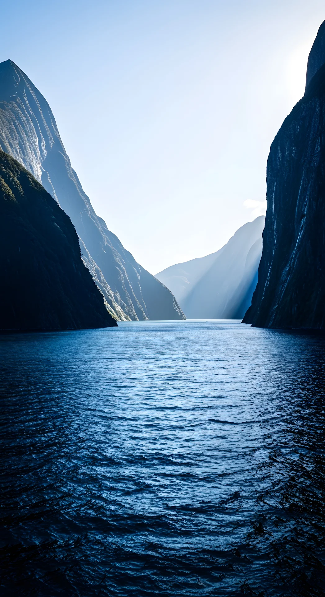 Deep Blue Fjord Waterway Steep Cliffs Sunlight Rays New Zealand - Free 4K mobile Wallpaper