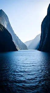 Deep Blue Fjord Waterway Steep Cliffs Sunlight Rays New Zealand