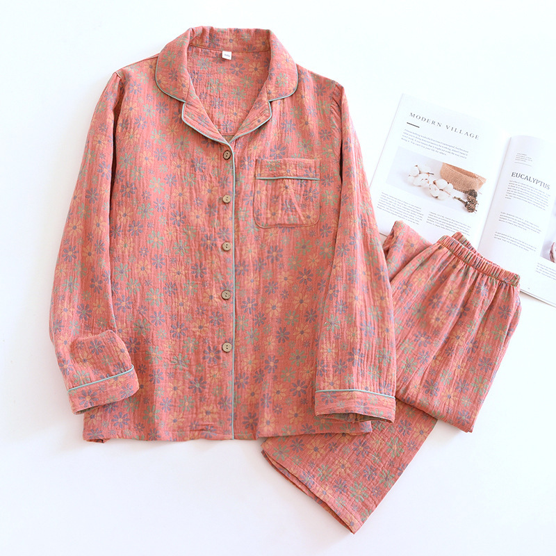 Damen-Pyjama-Set aus Baumwoll-Gaze, langärmelig, Vintage-Stil
