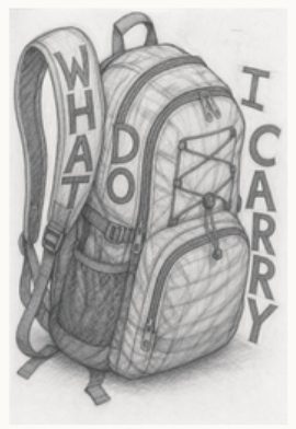 A graphite drawing of a quilted backpack with the words What Do I Carry worked into the composition