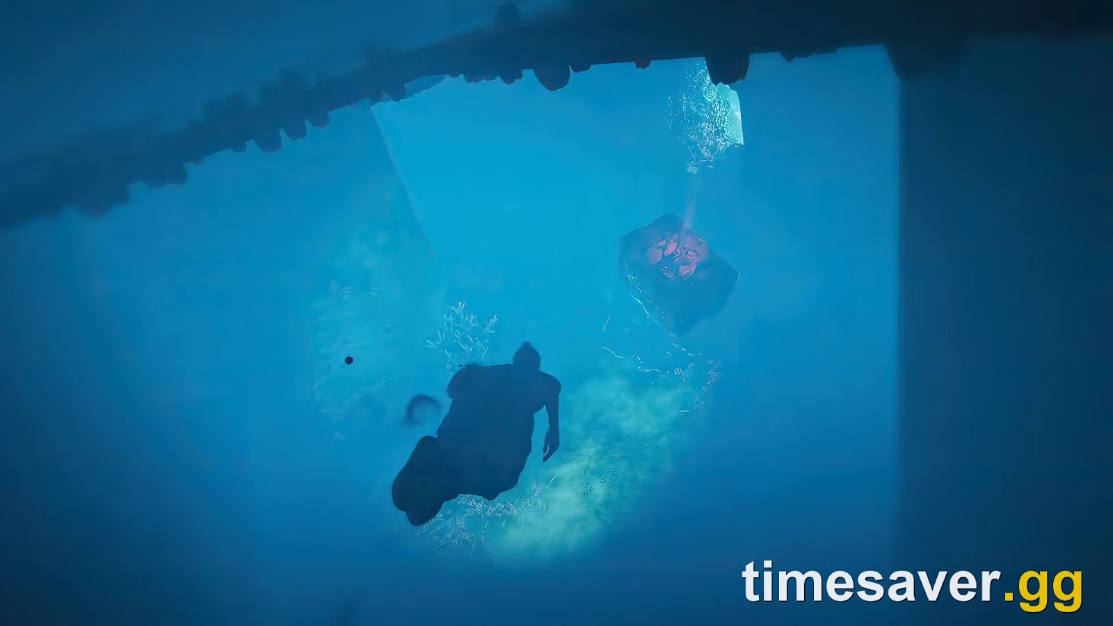 Deep-sea underwater diving in Once Human Isles of Abyss — a player exploring the ocean floor near a glowing chest