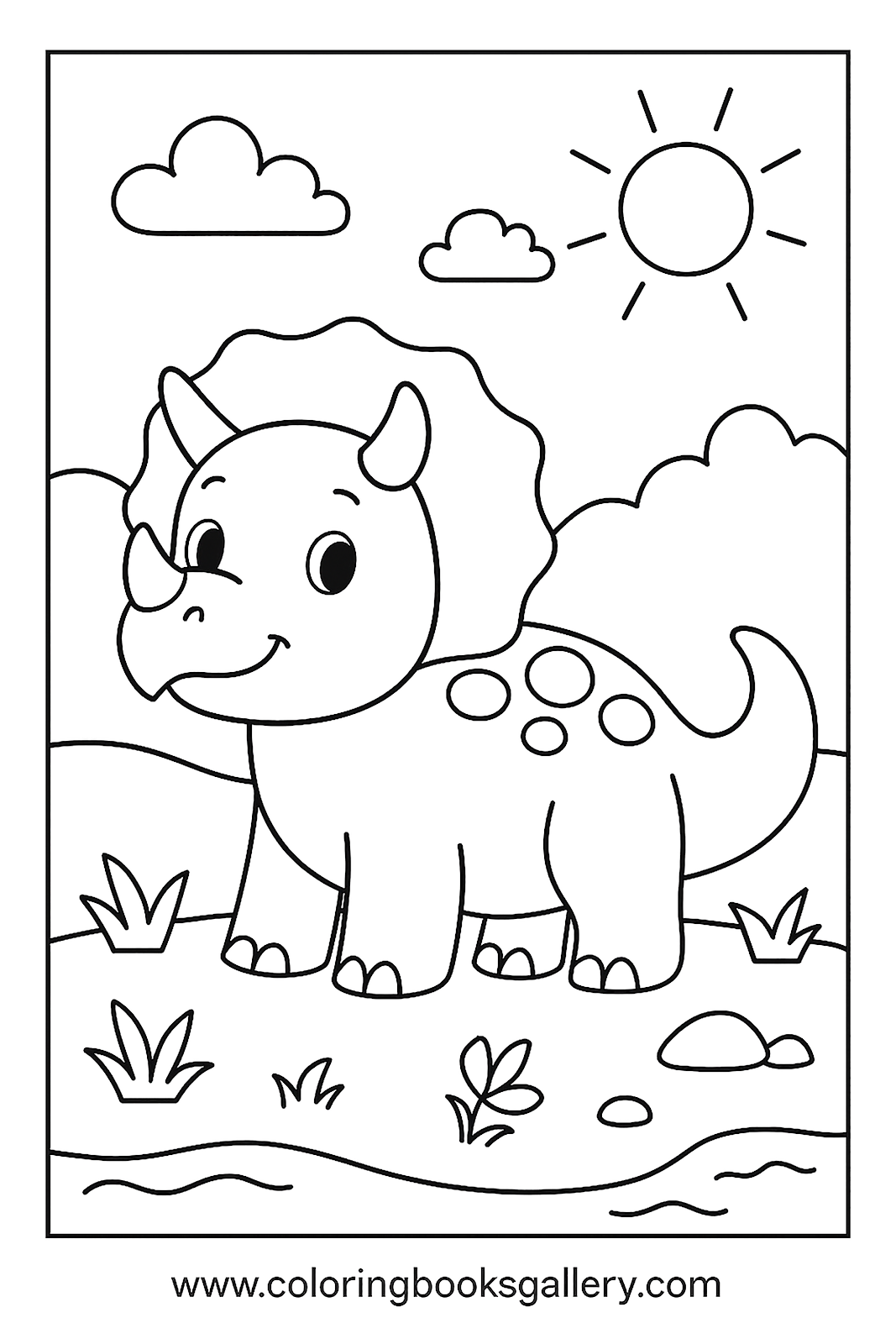 Discover the Joy of Coloring with Our Triceratops Family in the Field – free coloring page for kids