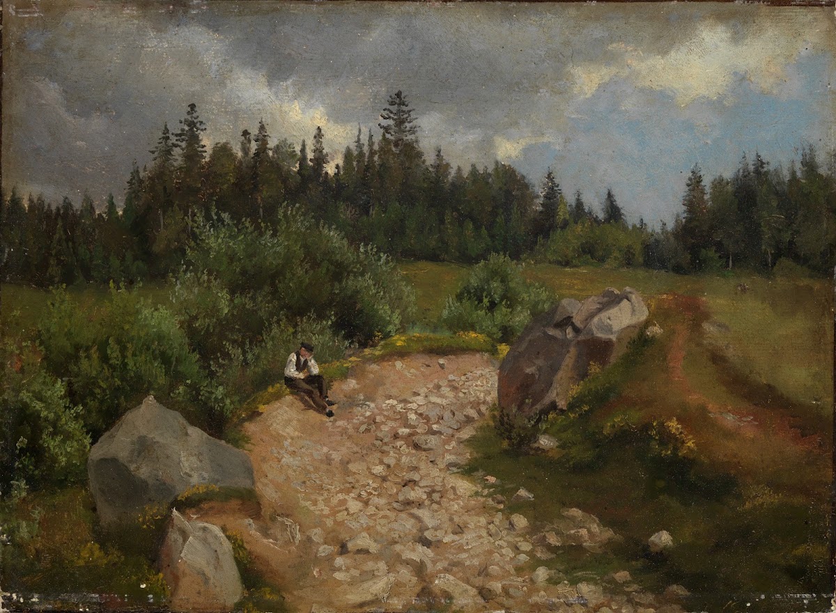 Steiniger Weg am Waldrand mit sitzendem Mann 1860