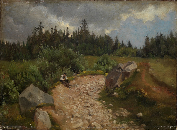 Steiniger Weg am Waldrand mit sitzendem Mann 1860