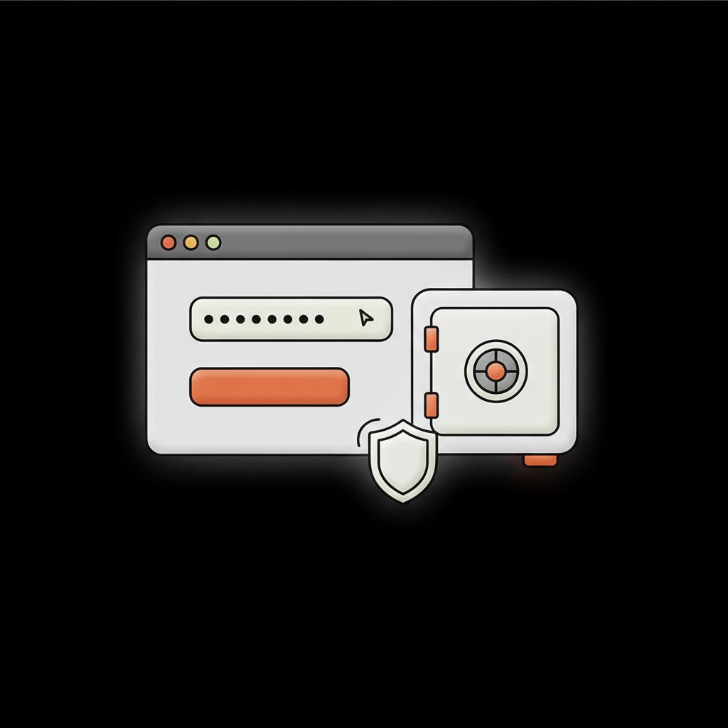 Minimal vector infographic of a browser window with a masked password field and a vault icon on a black background, illustrating how to recover email password.