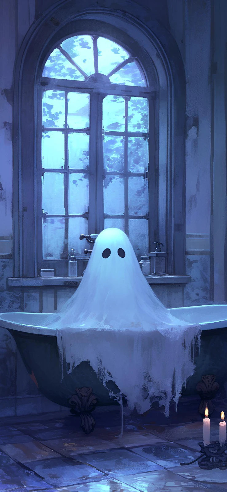 Lonely Ghost In Abandoned Bathtub - Digital Illustration Art Full HD iPhone Wallpaper (1240x2686)