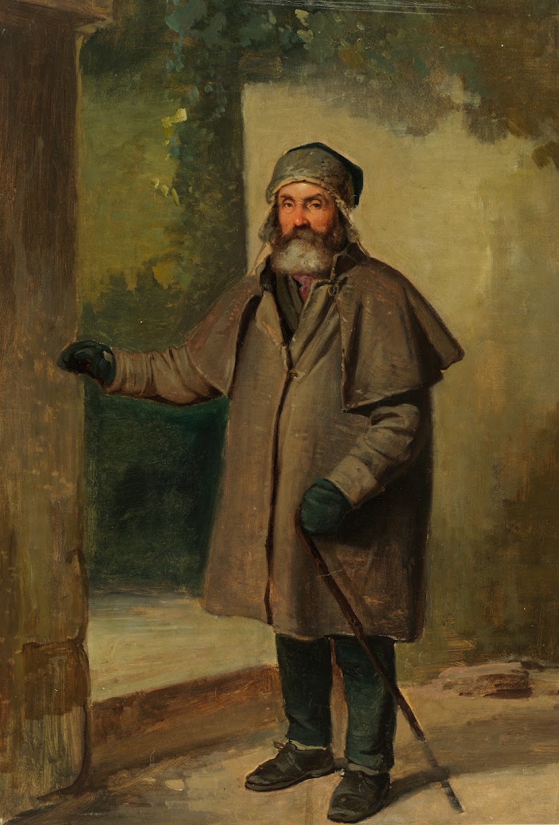 Winterlich bekleideter Mann mit Vollbart den linken Arm erhoben 1832 1836