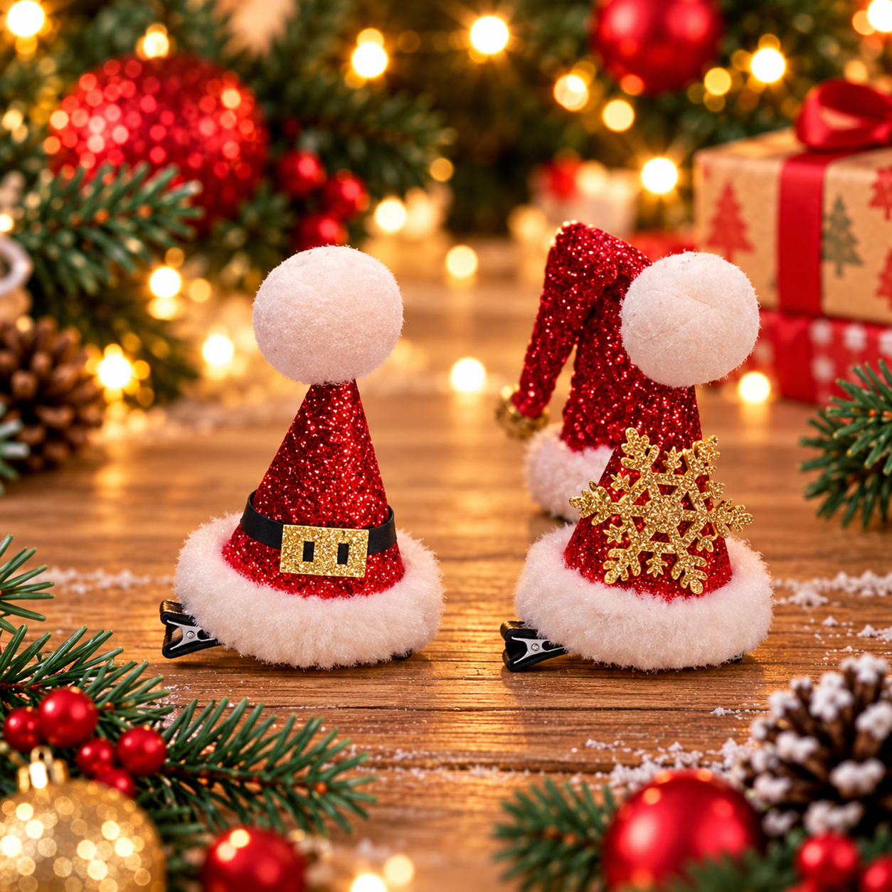 Hebillas para el pelo con gorrito de Papá Noel