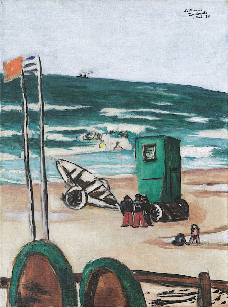 Badende mit grüner Kabine und Schiffern mit roten Hosen 1934